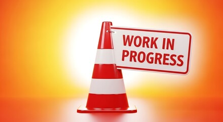 Construction traffic cone displays a clear warning sign indicating important work in progress development