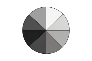 Grayscale color wheel showing monochromatic gradient values on a transparent background for design and education