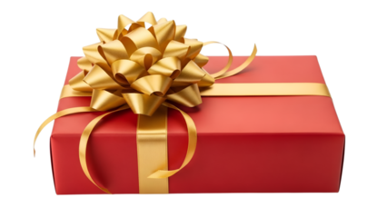 Beautiful Red Present Box Wrapped with Shiny Gold Ribbon and Bow