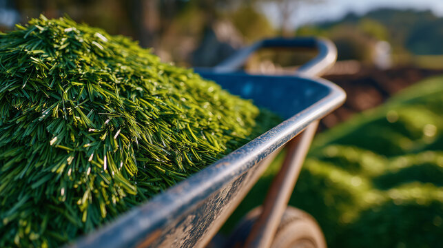 Close-up of a wheelbarrow filled with freshly cut green grass, blades spilling slightly over the edges, sunlight highlighting moisture on the grass, textured metal frame of the whe