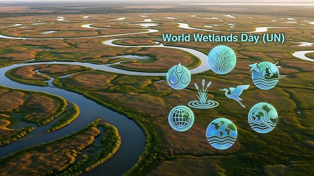 World wetlands day un celebration with earth icons and river landscape - Powered by Adobe
