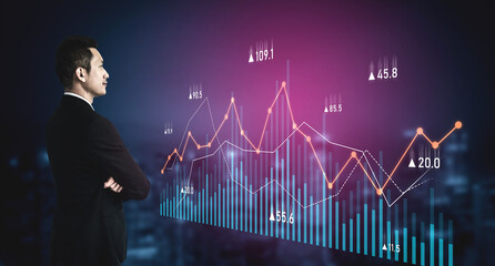 A businessman analyzes digital graphs and charts showing stock market trends and performance metrics, illustrating growth and decline in financial data effectively. Scalp