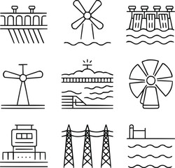 Fototapeta premium Hydropower Energy Icons Set Dams, Turbines, and Water Flow Symbols