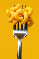 Creamy Macaroni on Fork Against Bright Yellow Background