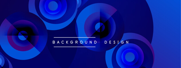 Abstract blue circles overlap creating dynamic background. Gradient shades provide depth, modern aesthetic. Text reads background design.