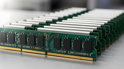Row of green RAM memory modules with silver heatsinks on assembly line showing mass production precision.
