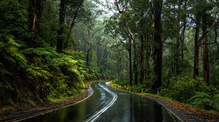 Obraz premium Winding Wet Asphalt Road Through Dense Green Forest and Rainforest