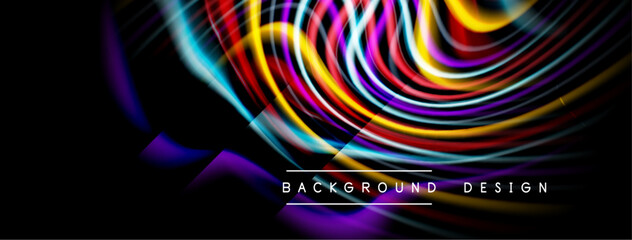 Abstract colorful lines radiate from center. Dark background emphasizes vibrant curves, creating dynamic visual impact. Modern design element.