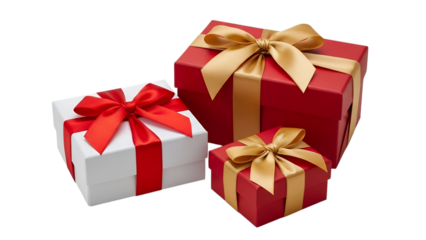 Three festive red and white gift boxes with gold and red ribbons