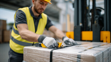 Professional stock composition, warehouse worker focused on tightening ratchet strap, pallets aligned beside a large truck, clean concrete floor and industrial equipment softly blu