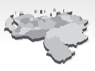 3D  Venezuela map with all states in gray. Three dimensional map Venezuela  with shadow  on white background for your design, app, UI.  EPS10.