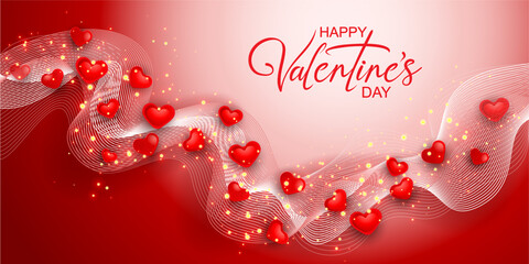 Valentines day greeting card. Red hearts falling confetti near white wave. © Valenty