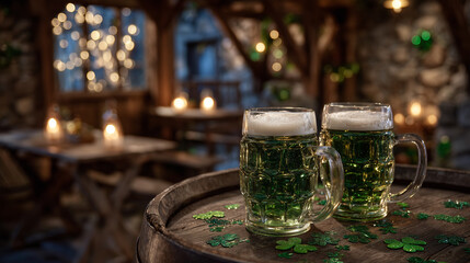 Rustic festive composition, frothy green beer mugs on barrel, scattered shamrock confetti, candlelight reflections on glasses, warm inviting pub environment
