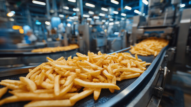 Professional food production shot, golden French fries moving along conveyor belt, metal edges reflecting factory lights, background machinery slightly blurred, emphasizing industr
