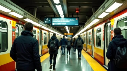Scene of dispersed passengers walking on subway platforms