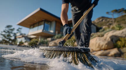 Dynamic cleaning scene, person sweeping driveway with soapy water, streaks of foam visible, modern minimalist house in the background, warm daylight illuminating scene