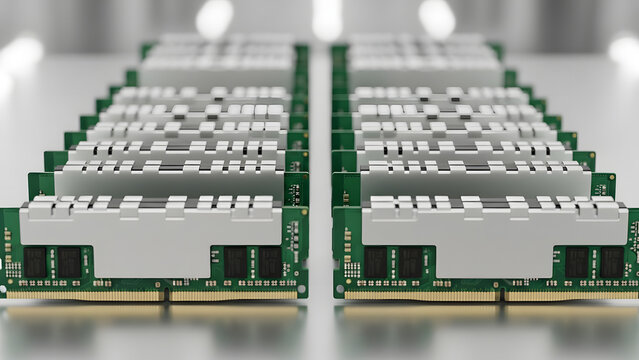 Symmetric rows of green RAM memory modules with silver heatsinks on reflective surface showing mass production precision.
