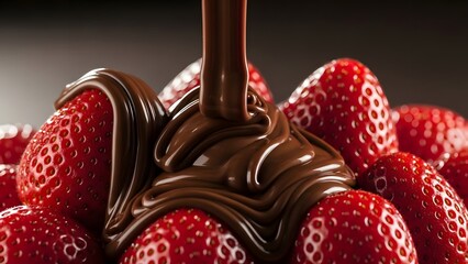 Delicious chocolate cascade flowing over a vibrant pile of fresh strawberries
