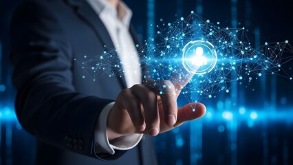 Businessman interacting with futuristic network interface in dark modern office