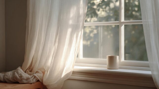 Window with white curtains on the right side. the window is open and the sunlight is shining through the curtains, creating a soft glow on the window.