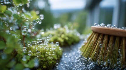 Macro foam and broom detail, bubbles and water droplets reflecting light, bristles pressing into driveway, modern home and greenery out of focus in background