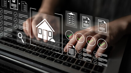 A person typing on a laptop showcases digital real estate management, featuring house icons and organized documents with checkmarks, symbolizing efficiency and modern technology. Gantry