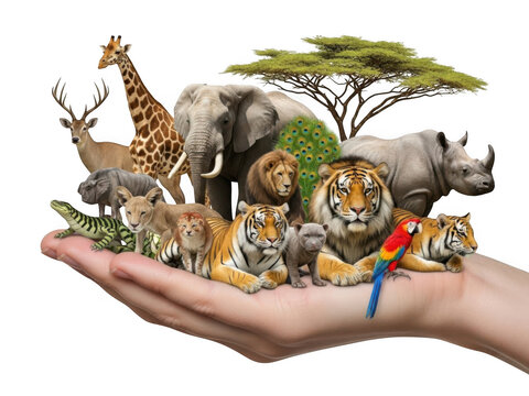 Hand holding wildlife animals isolated on transparent background