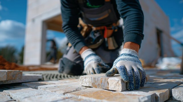 Detailed craftsmanship shot, close-up of stone pieces being aligned on adhesive mortar, worker wearing gloves, textured stone surfaces highlighted, unfinished wall blurred