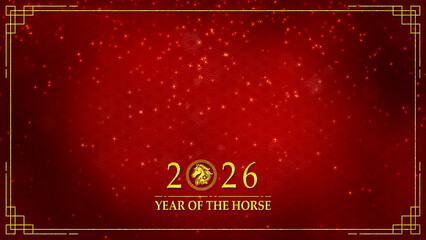 Happy Chinese New Year Year of the Horse festive red background with golden zodiac emblem, elegant Asian patterns, luxurious decoration and celebratory holiday atmosphere.