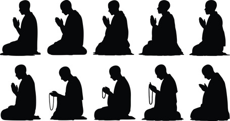 Set of ten kneeling prayer and meditation silhouettes, ideal for spiritual, religious, and wellness-themed design projects.