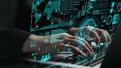 A futuristic scene showcasing hands typing on a laptop with digital overlays representing data analysis, global connectivity, and communication through network technology. Cipher