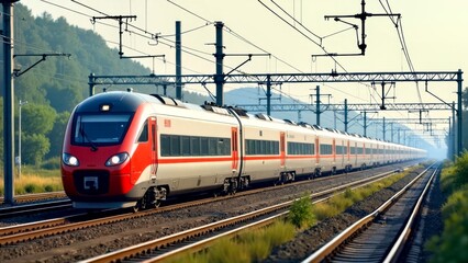 Fototapeta premium Outdoor train passing through mountains and forests with distant scenery