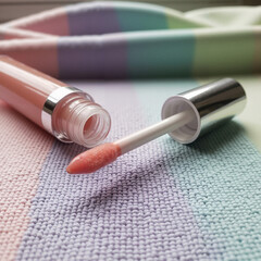 Lip gloss tube with applicator on a pastel-colored textile background
