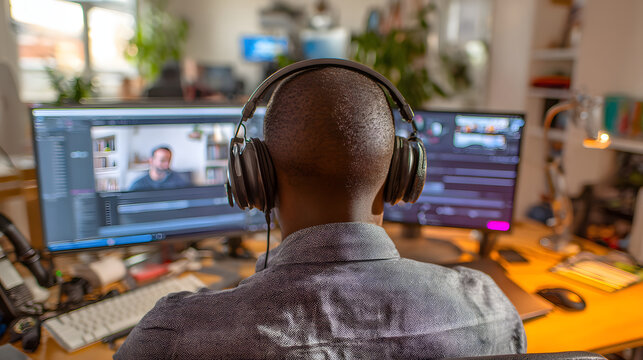 Man with headphones home office video call dual monitor remote work desk setup casual shirt modern workspace focus technology driven productivity - Powered by Adobe