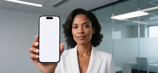 Businesswoman holding smartphone with blank screen in office