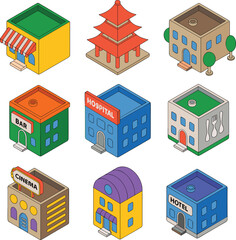 shop, pagoda, hospital, cinema, hotel, bar, restaurant, office, and apartment.