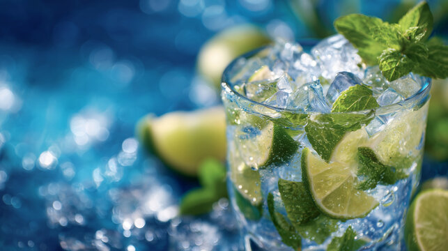 Close-up of a crystal-clear mojito glass, fresh lime slices and ice cubes visible, condensation droplets glistening, sparkling turquoise blue background, soft sunlight reflecting o - Powered by Adobe