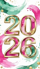 Golden 2026 numbers on watercolor pink and green background