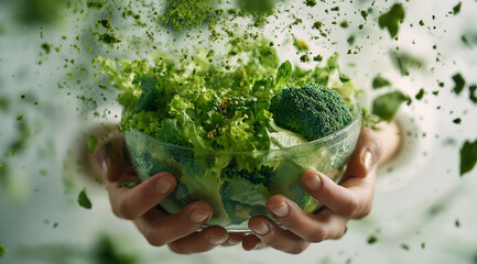 a close-up of hands holding fresh vegetables and greens in an eco-friendly plastic bowl, with green particles floating around them. the background is blurred to emphasize the fore