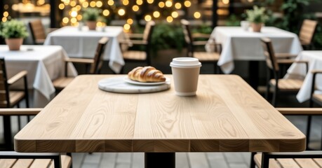 Croissant and coffee cup on wooden table in cozy cafe