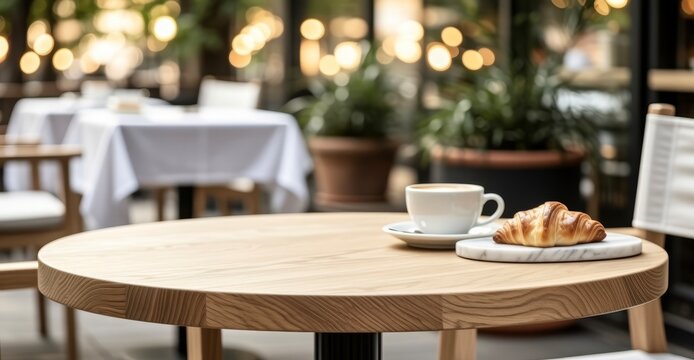 Coffee and croissant on wooden table in cozy caf&eacute;