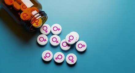 Feminine health medication spills from an amber prescription bottle onto a blue background surface