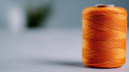 Close-up with spool tilted, vibrant orange thread spiraling, soft highlights showing material texture, blurred background creating a minimalist, clean composition