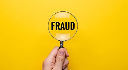 Hand holding magnifying glass revealing the word fraud against a vibrant solid yellow background