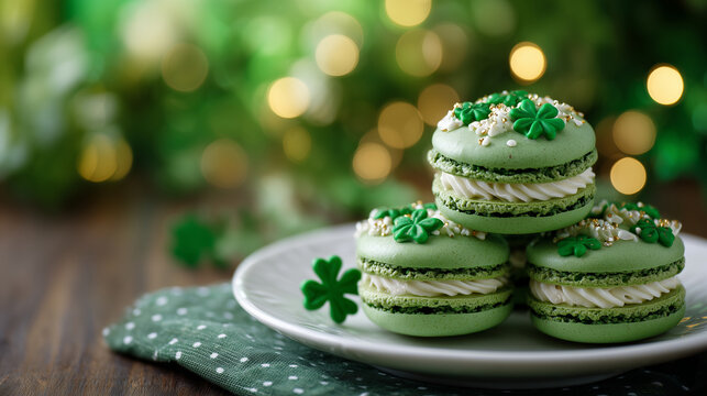 Green macarons stacked on a plate, shamrock-shaped frosting accents, bright festive background - Powered by Adobe