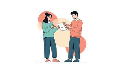 Naklejka premium Two people collaborating on a tablet, modern flat illustration with abstract background
