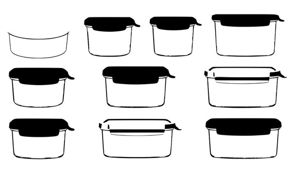 Food storage plastic containers with transparent bodies and colorful lids realistic vector illustration set