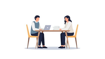 Fototapeta premium Two people sitting at a table with laptop and books, meeting concept