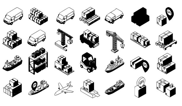 Isometric cargo and logistics service icons vector illustration isolated on white background