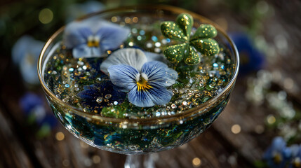 Green cocktail with floating edible flowers, shamrock decoration, macro festive drink detail, sparkling reflections